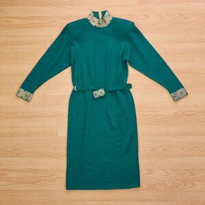 St. John by Marie Gray Vintage Knit Green Dress, Beaded Mock Neck, Size 2